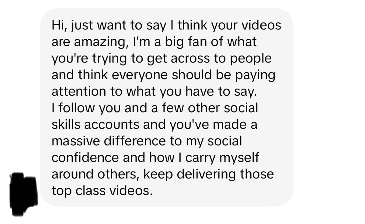 DM thanking Josh for his social skills videos
