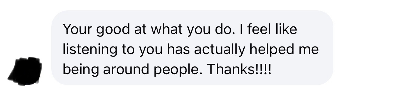 Text message thanking Josh for helping with social skills